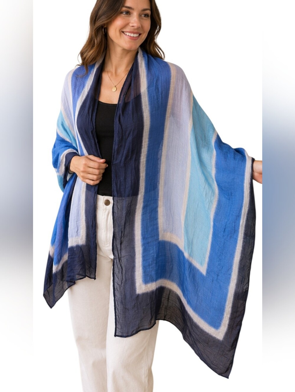 Vintage Coldwater Creek Silk Cotton Blue Striped Oversized Wrap Scarf